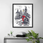 Frau mit rotem Regenschirm in der Stadt Diamond Painting