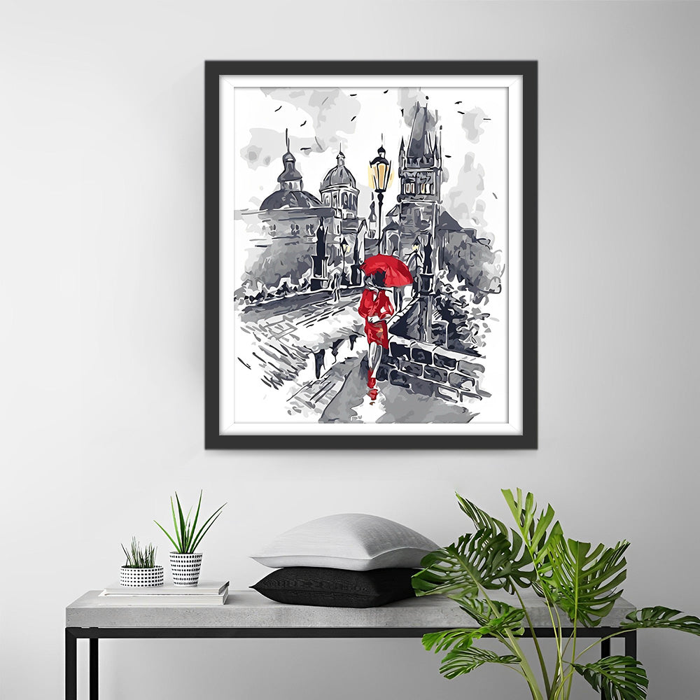 Frau mit rotem Regenschirm in der Stadt Diamond Painting