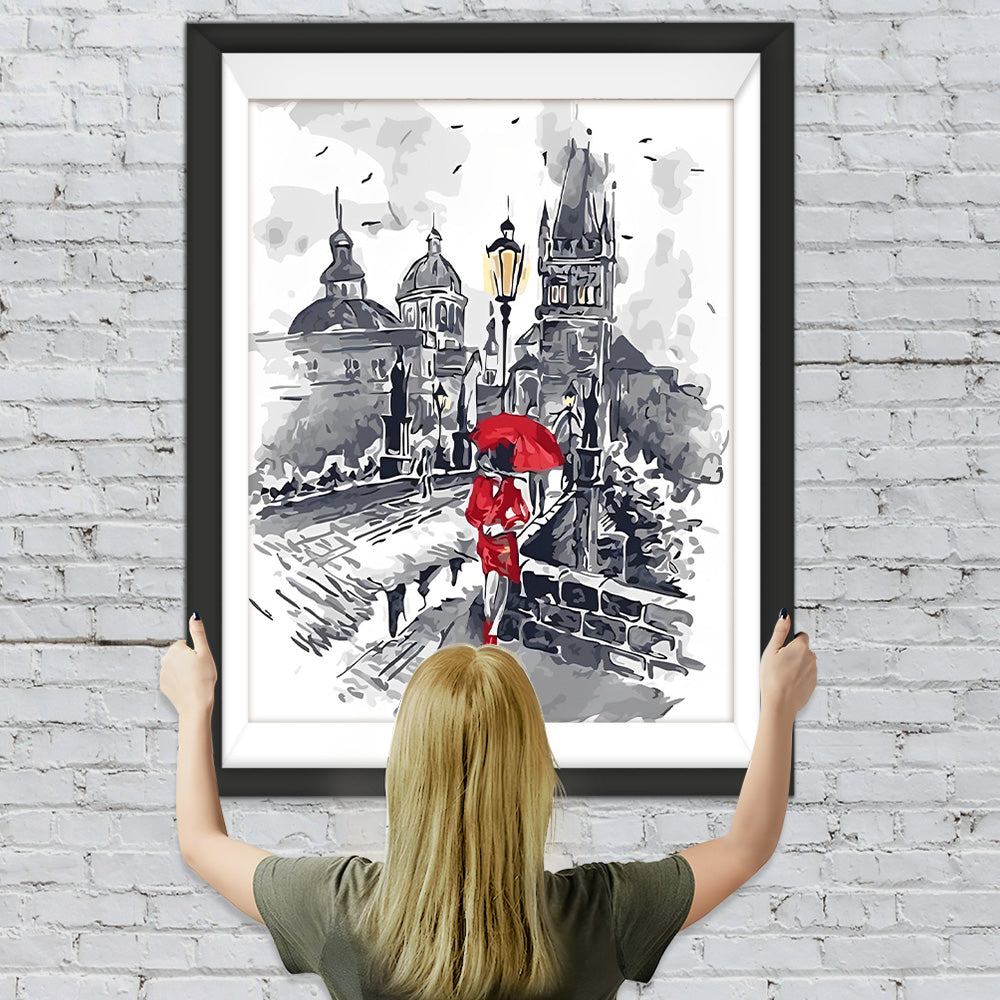 Frau mit rotem Regenschirm in der Stadt Diamond Painting