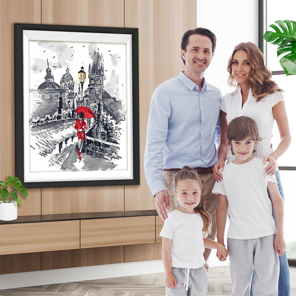 Frau mit rotem Regenschirm in der Stadt Diamond Painting