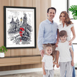 Frau mit rotem Regenschirm in der Stadt Diamond Painting