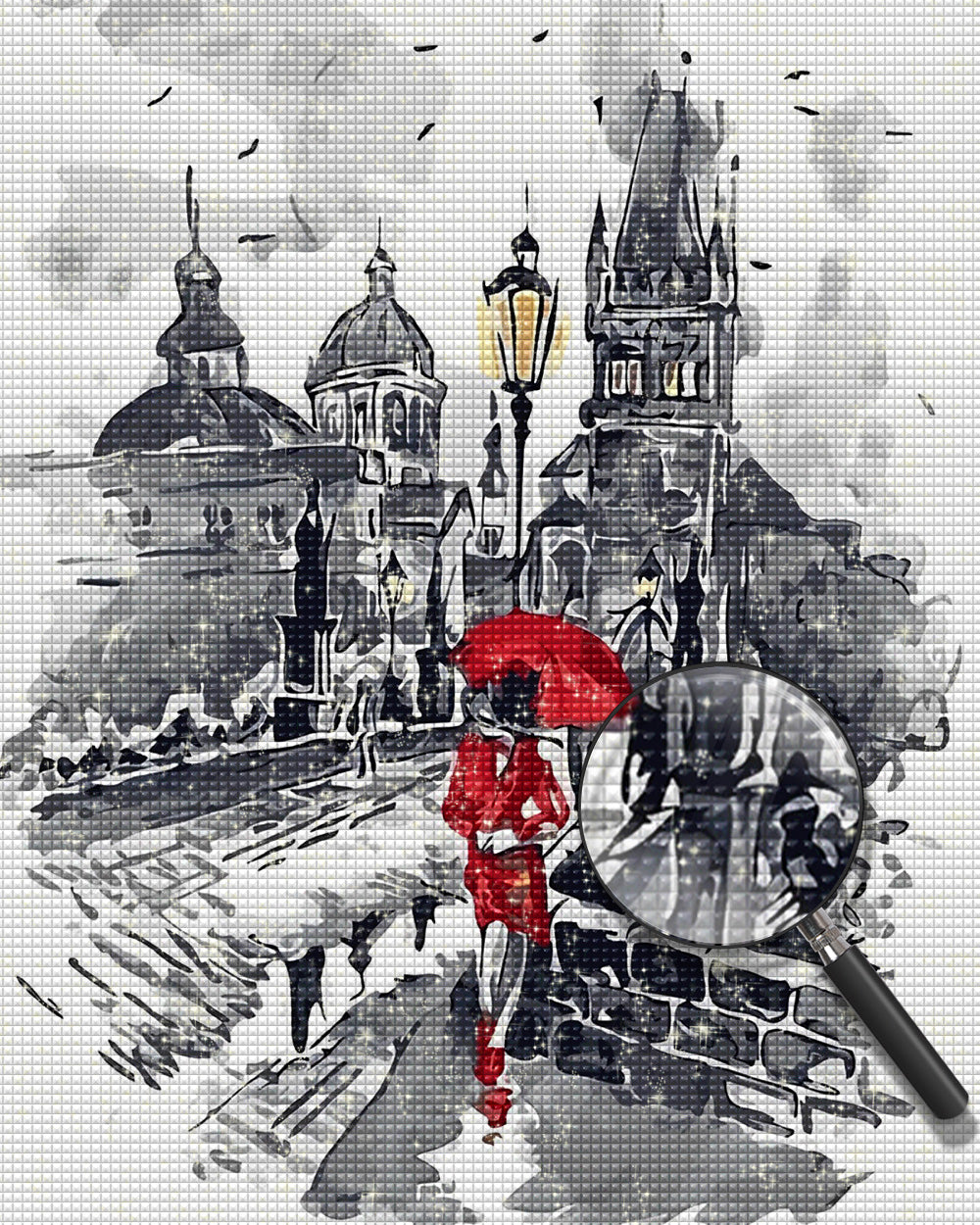 Frau mit rotem Regenschirm in der Stadt Diamond Painting