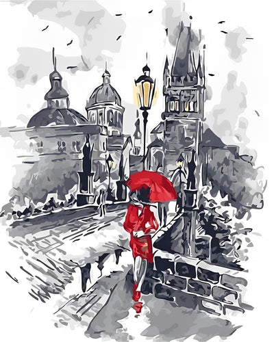 Frau mit rotem Regenschirm in der Stadt Diamond Painting