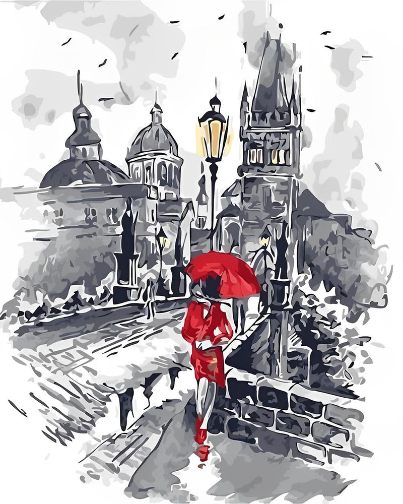 Frau mit rotem Regenschirm in der Stadt Diamond Painting