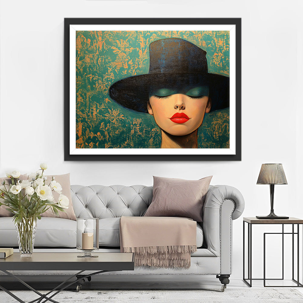 Frau mit schwarzem Hut und grünem Lidschatten Diamond Painting