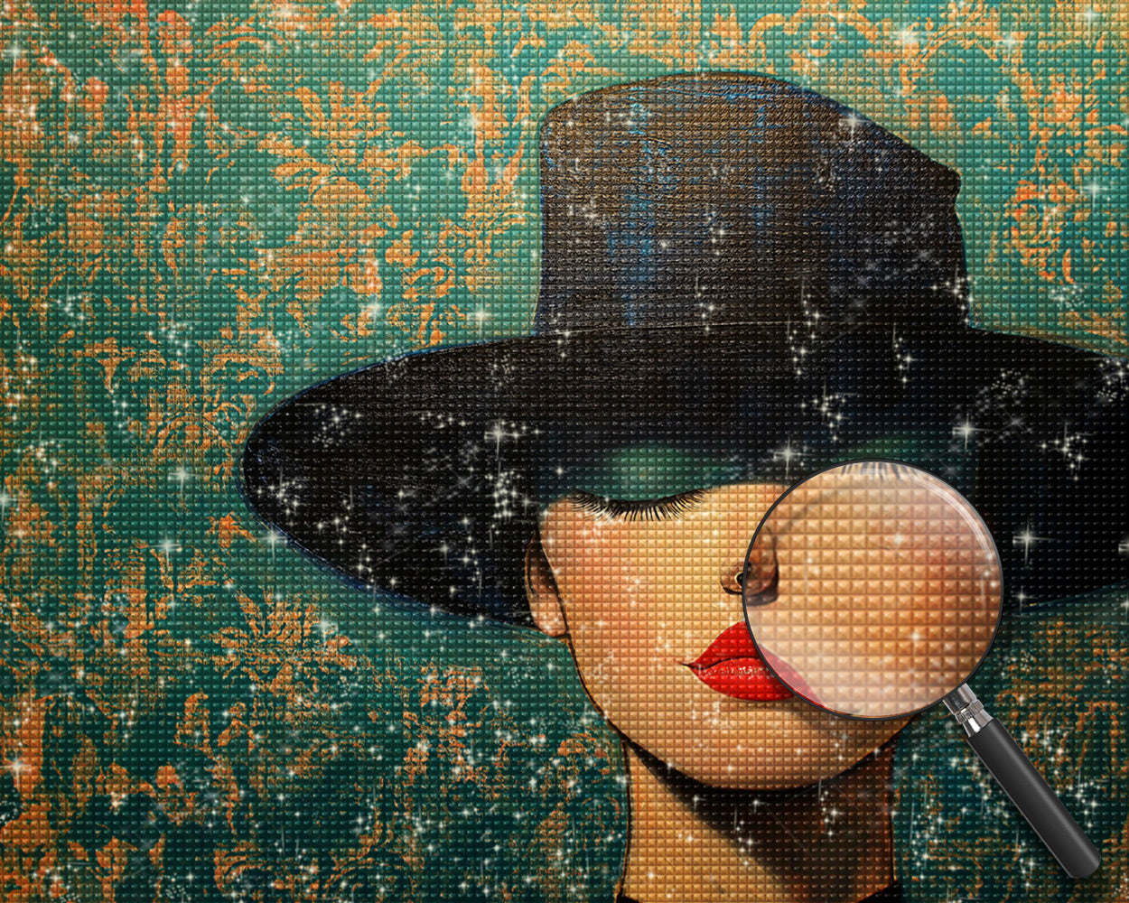 Frau mit schwarzem Hut und grünem Lidschatten Diamond Painting
