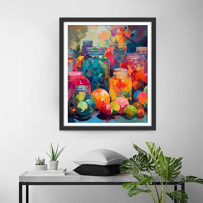 Früchte und bunte Glasflaschen Diamond Painting