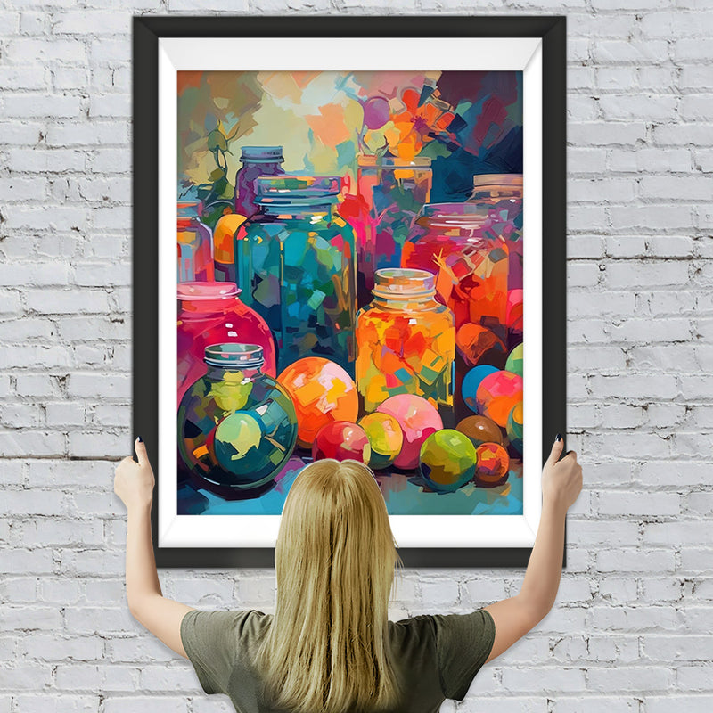 Früchte und bunte Glasflaschen Diamond Painting