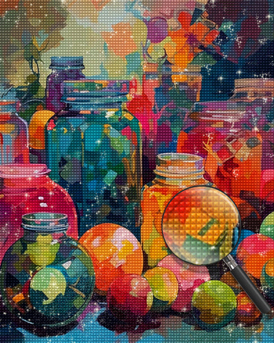 Früchte und bunte Glasflaschen Diamond Painting