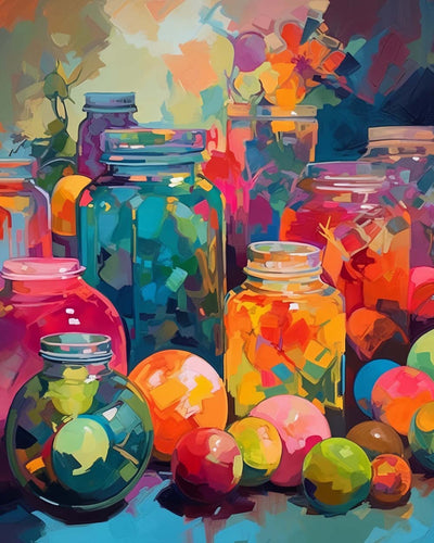 Früchte und bunte Glasflaschen Diamond Painting