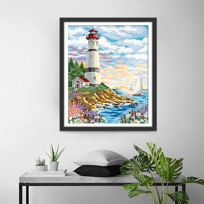 Frühling Leuchtturm und Segelboote Diamond Painting