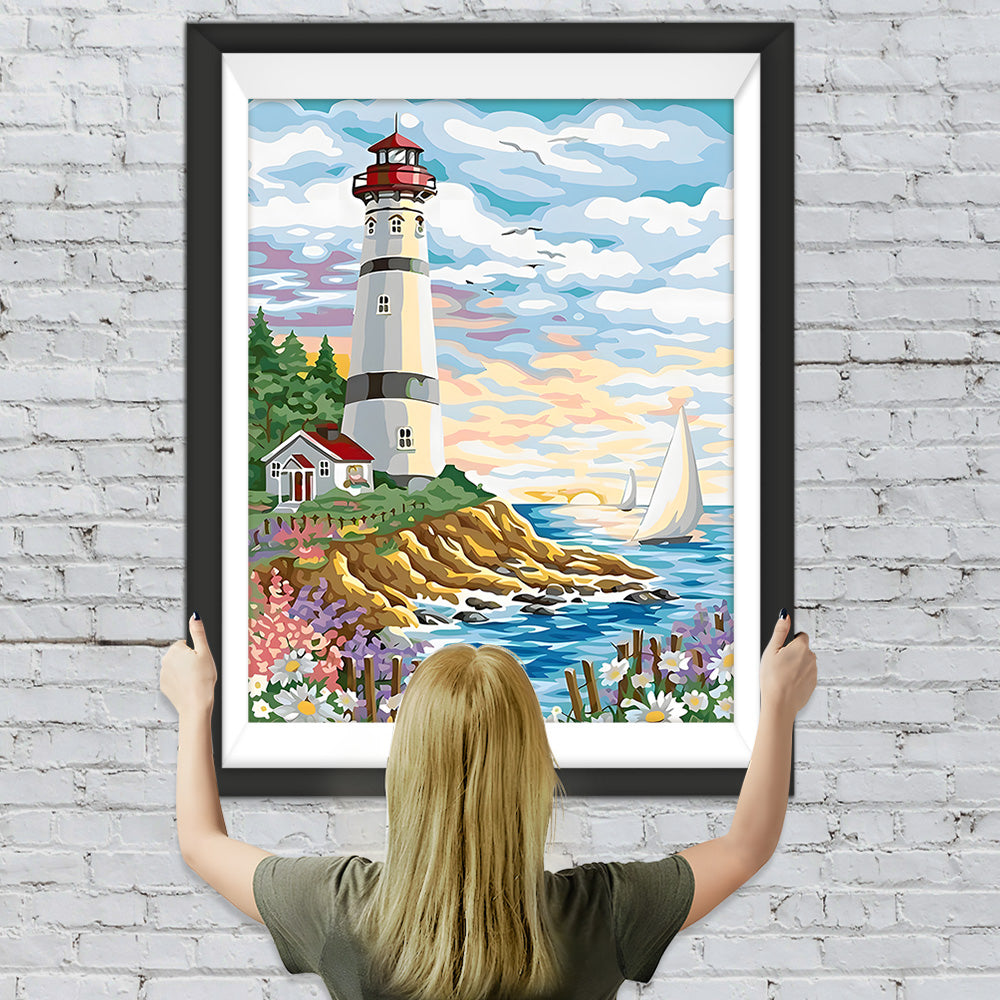 Frühling Leuchtturm und Segelboote Diamond Painting