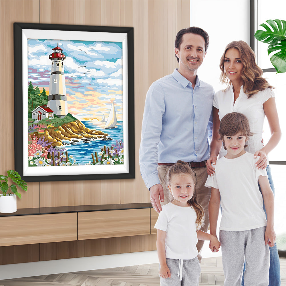 Frühling Leuchtturm und Segelboote Diamond Painting