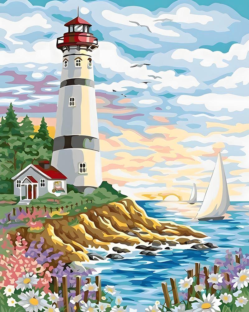 Frühling Leuchtturm und Segelboote Diamond Painting