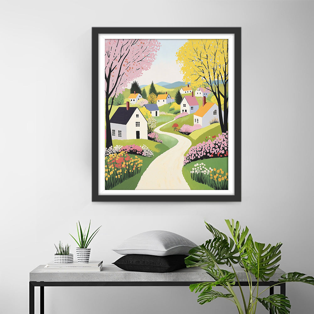 Frühlingsbäume und Häuser auf dem Lande Diamond Painting