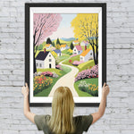 Frühlingsbäume und Häuser auf dem Lande Diamond Painting