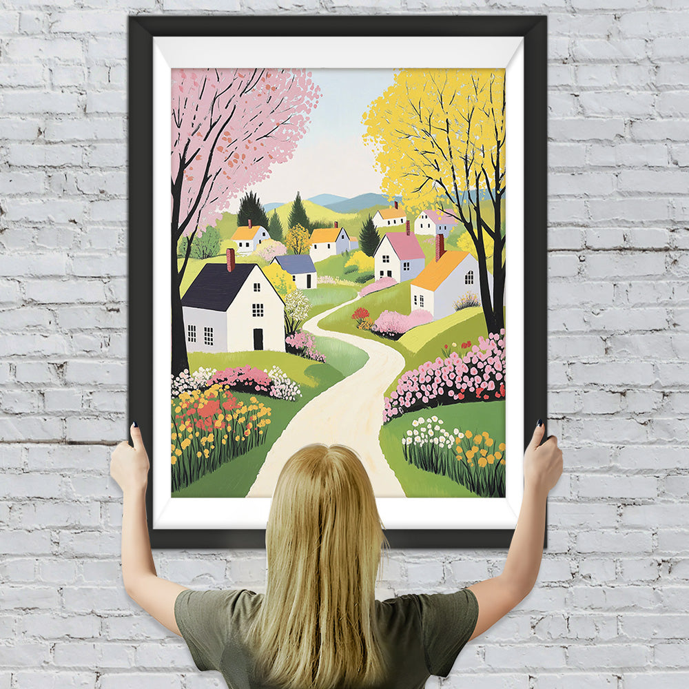 Frühlingsbäume und Häuser auf dem Lande Diamond Painting