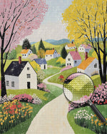 Frühlingsbäume und Häuser auf dem Lande Diamond Painting