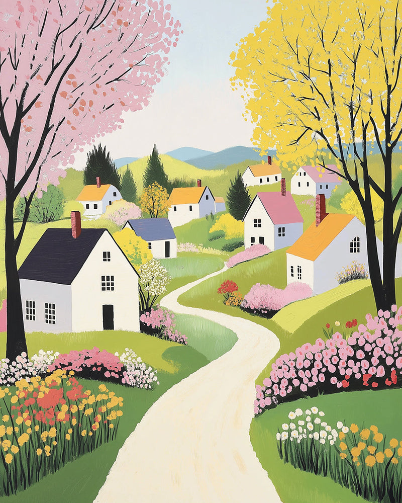 Frühlingsbäume und Häuser auf dem Lande Diamond Painting