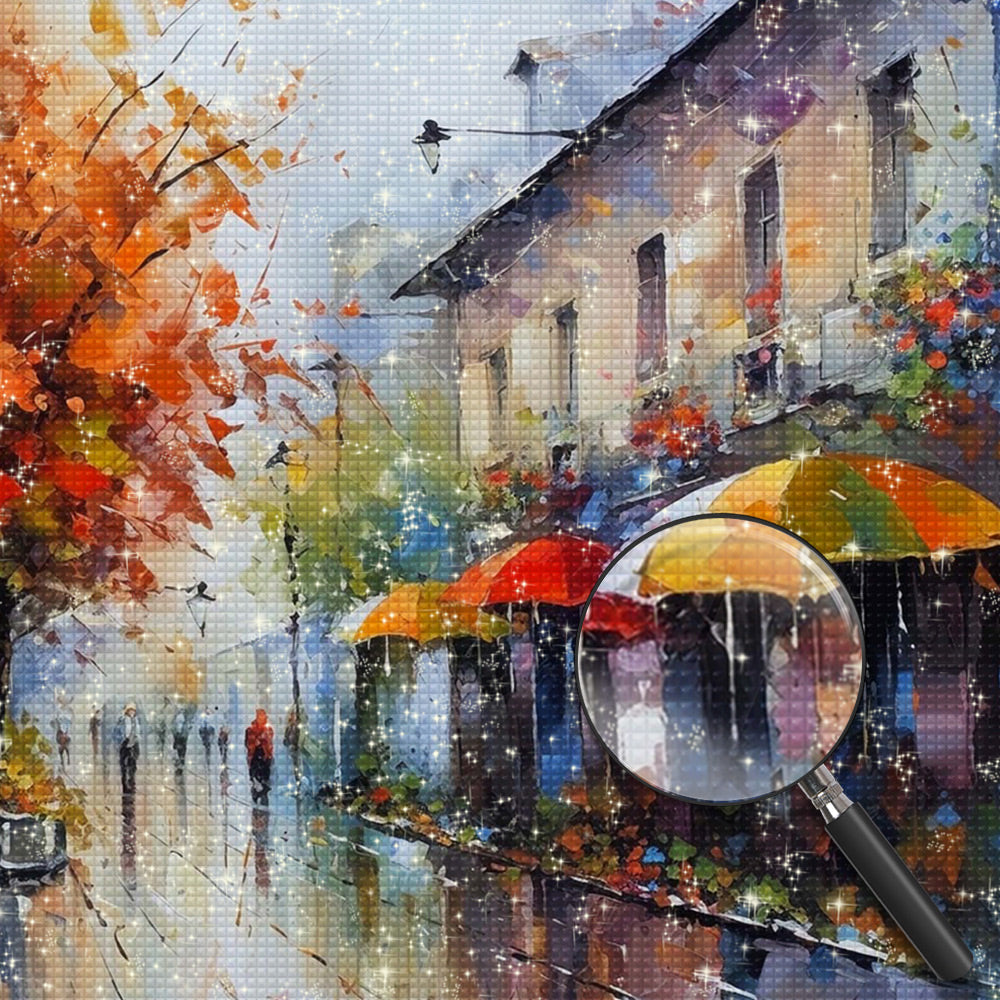 Fußgänger in der Stadt im Regen Diamond Painting