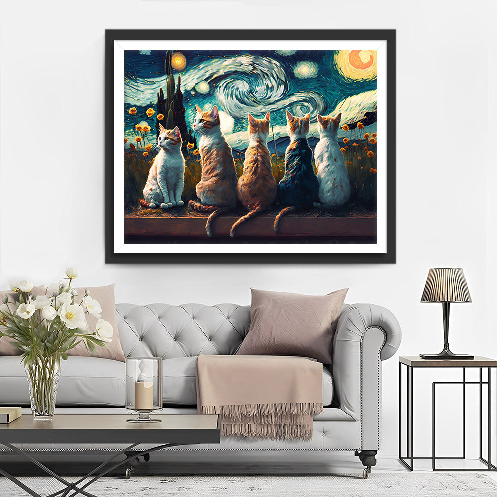 Fünf Katzen unter dem Sternenhimmel Diamond Painting