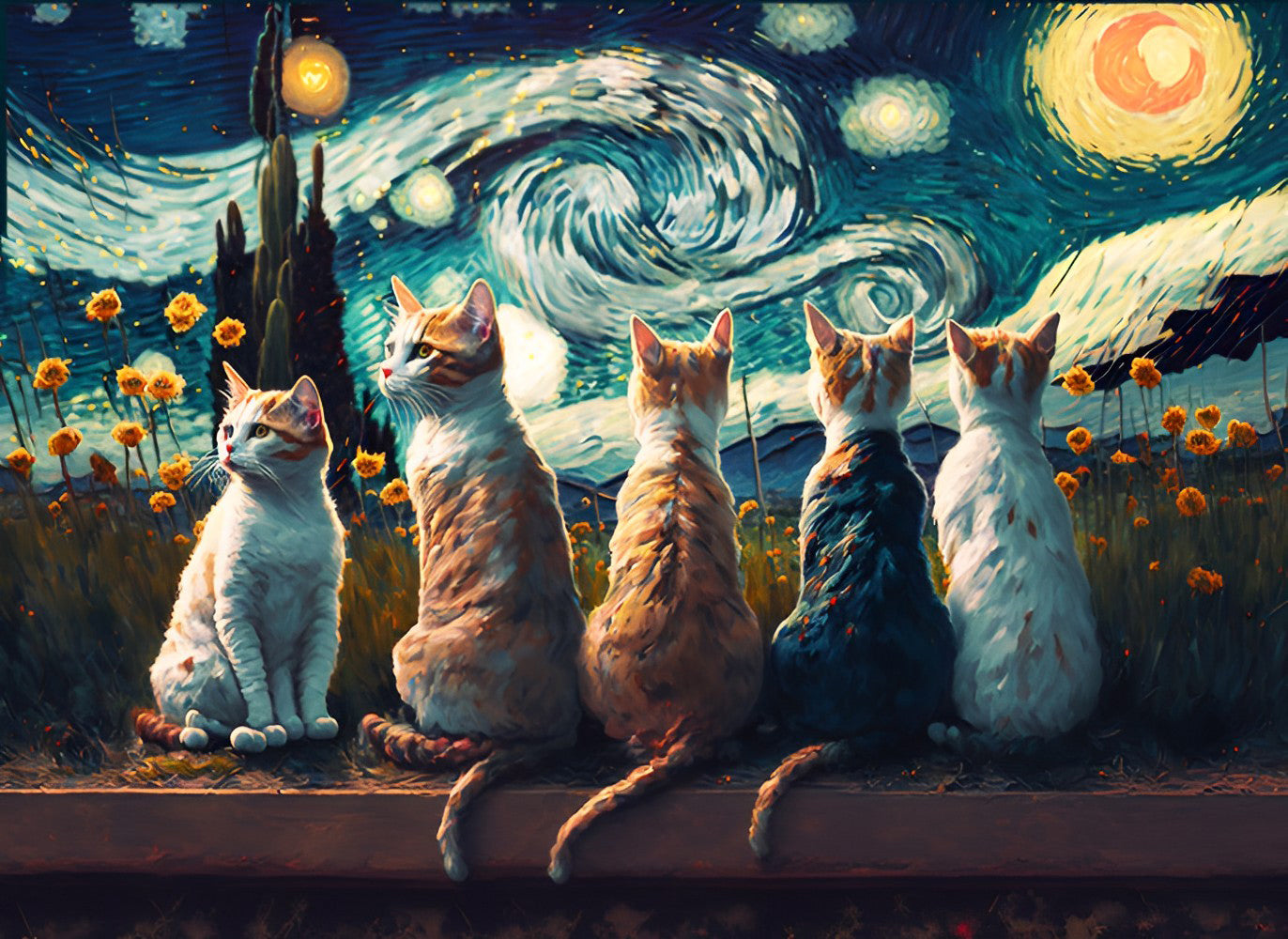 Fünf Katzen unter dem Sternenhimmel Diamond Painting