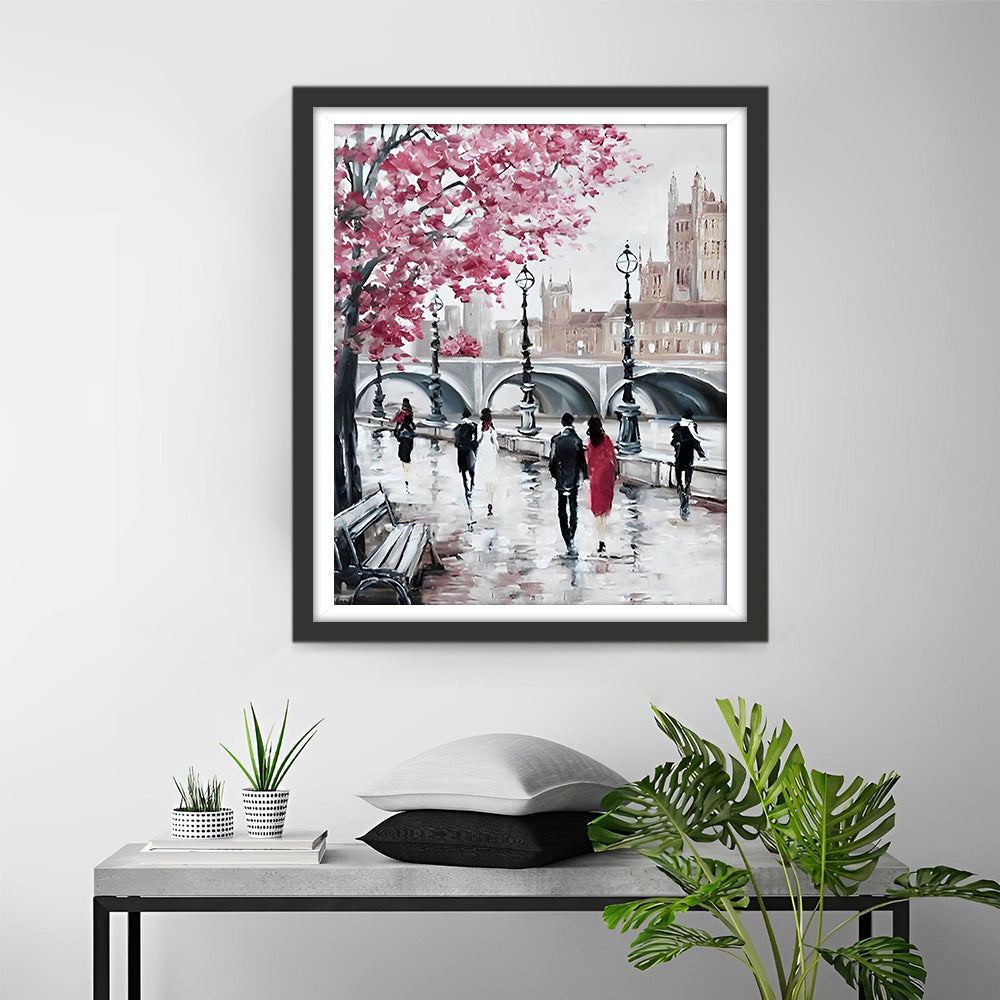 Fußgänger und Blumenbaum in der Stadtstraße Diamond Painting