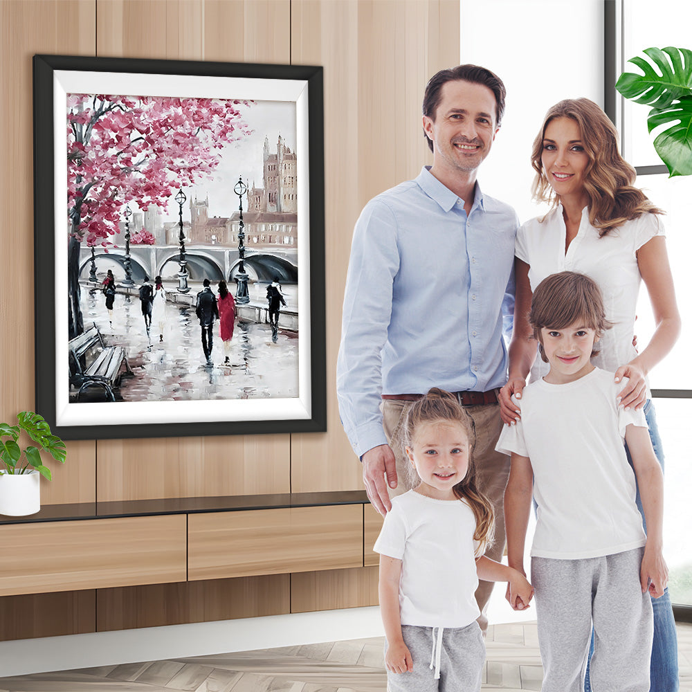 Fußgänger und Blumenbaum in der Stadtstraße Diamond Painting