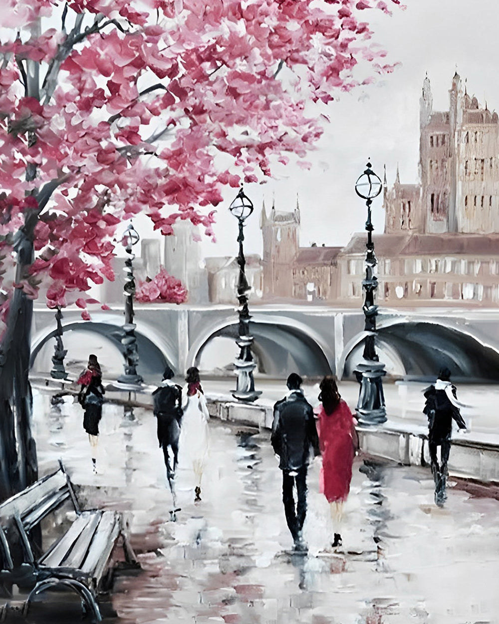 Fußgänger und Blumenbaum in der Stadtstraße Diamond Painting