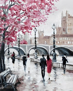 Fußgänger und Blumenbaum in der Stadtstraße Diamond Painting