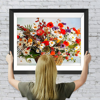 Gänseblümchen und Mohnblumen im Bambuskorb Diamond Painting