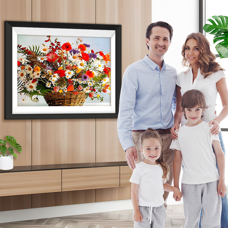 Gänseblümchen und Mohnblumen im Bambuskorb Diamond Painting