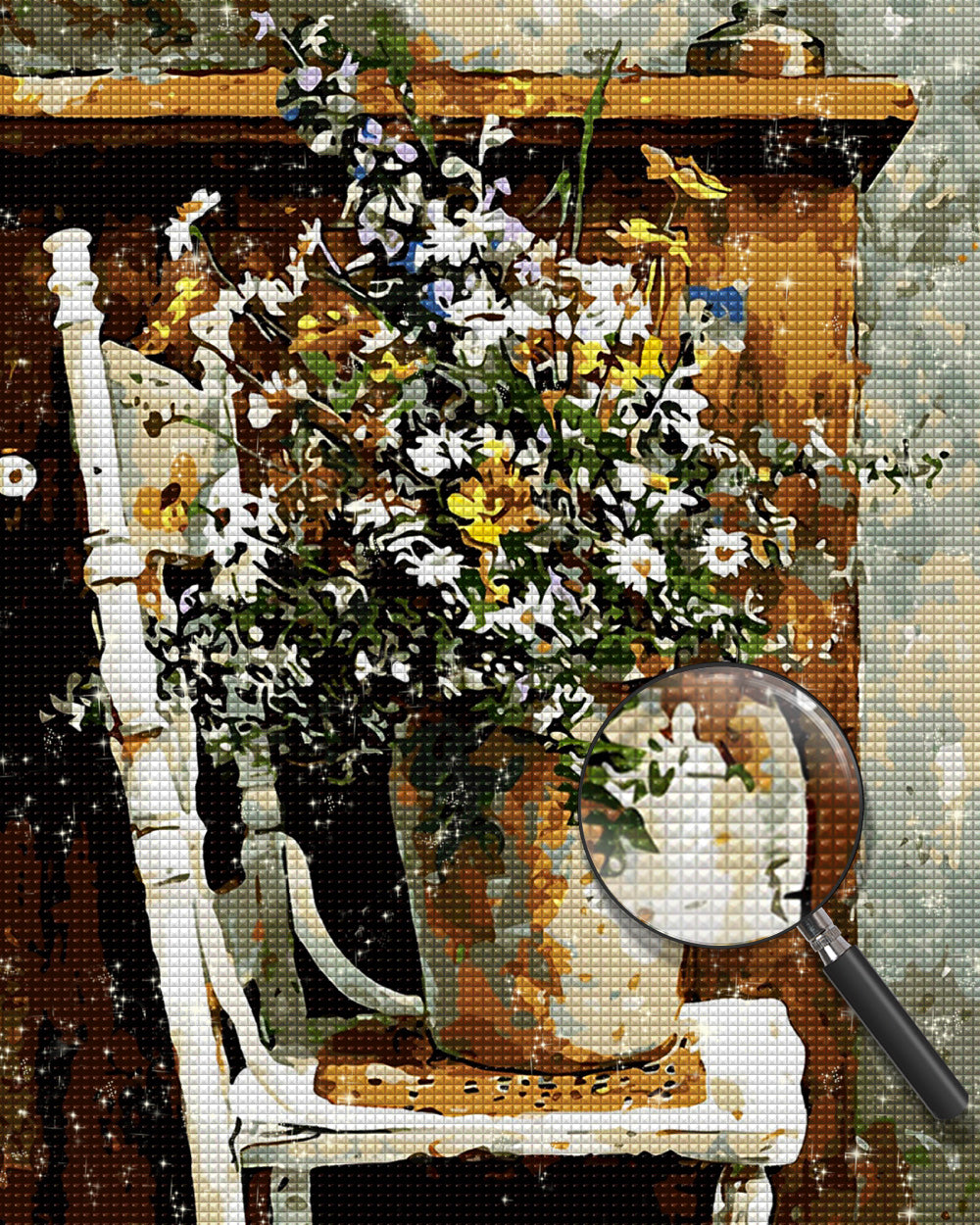 Gänseblümchen Vase auf Stuhl Diamond Painting