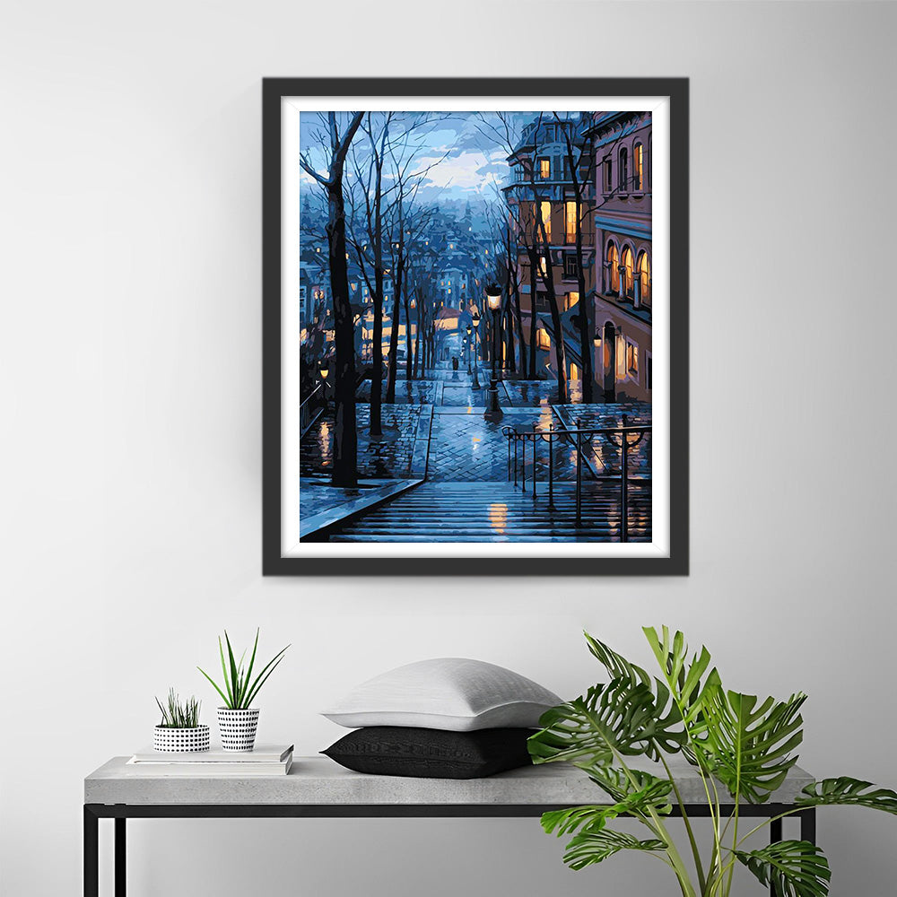 Gebäude und kahle Bäume bei Nacht Diamond Painting