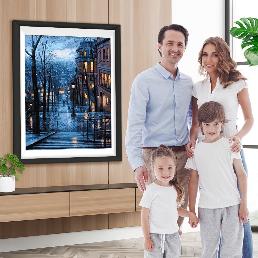 Gebäude und kahle Bäume bei Nacht Diamond Painting