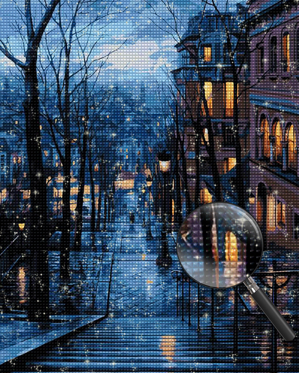 Gebäude und kahle Bäume bei Nacht Diamond Painting