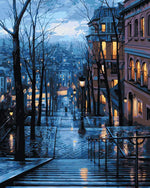 Gebäude und kahle Bäume bei Nacht Diamond Painting