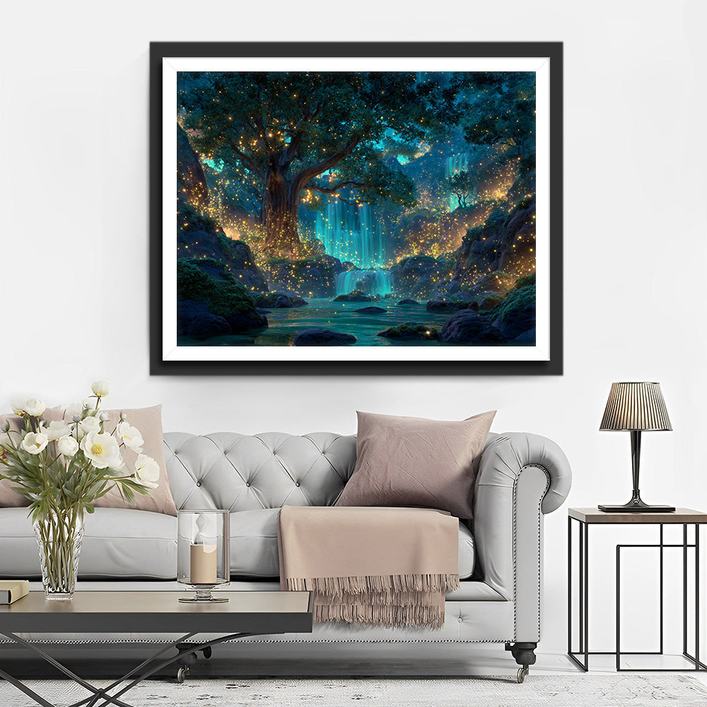 Geheimnisvoller leuchtender Wald, riesiger Baum und Wasserfälle Diamond Painting