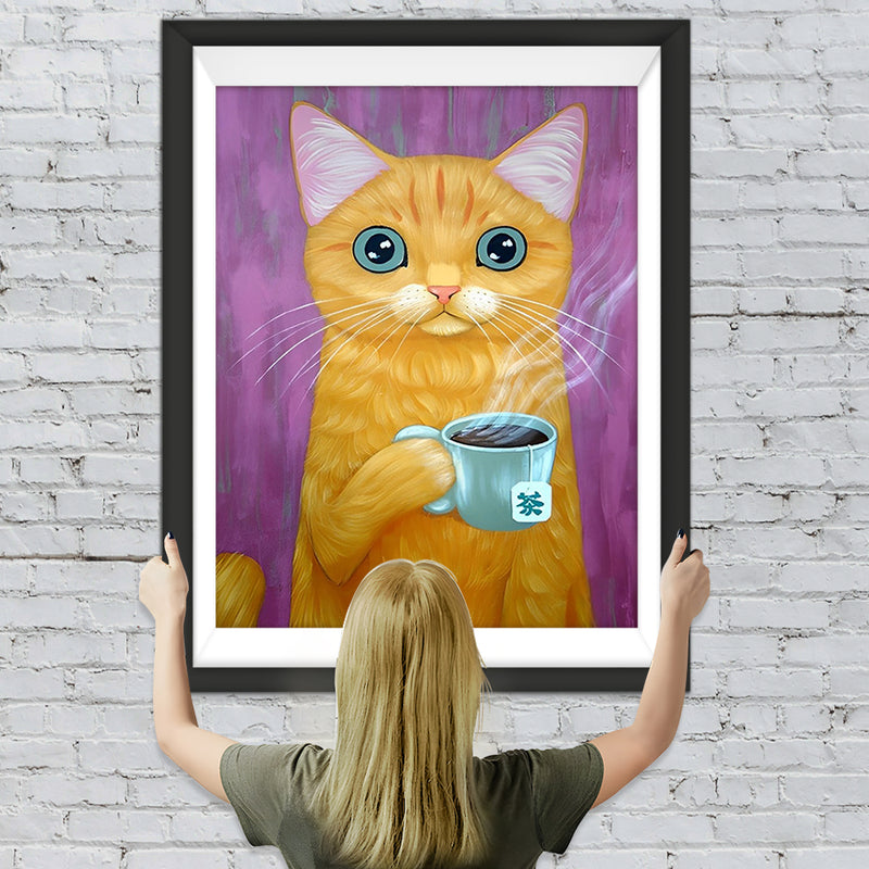 Gelbe Katze mit Tee Diamond Painting