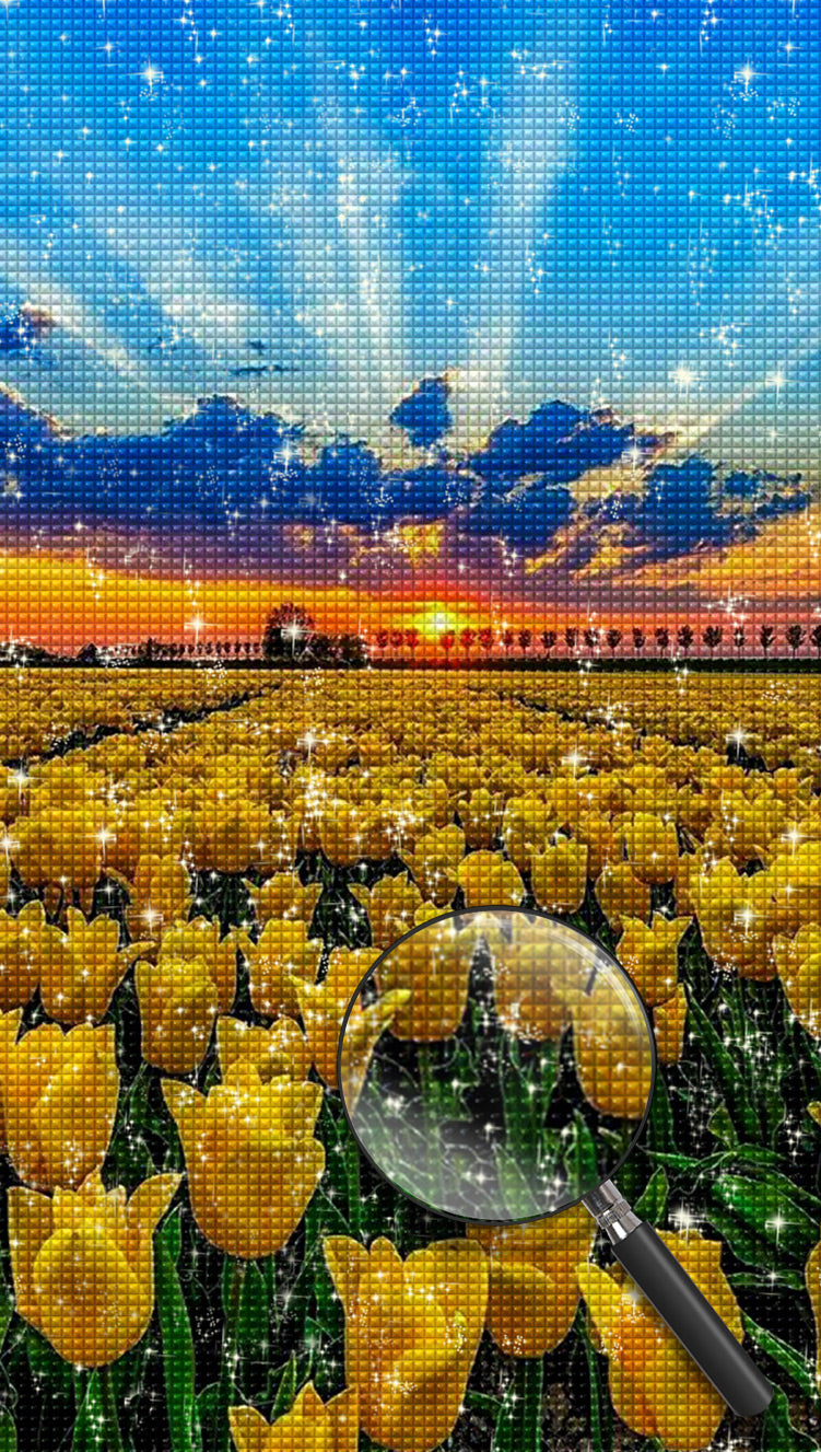 Gelbe Tulpen und Sonnenaufgang Diamond Painting