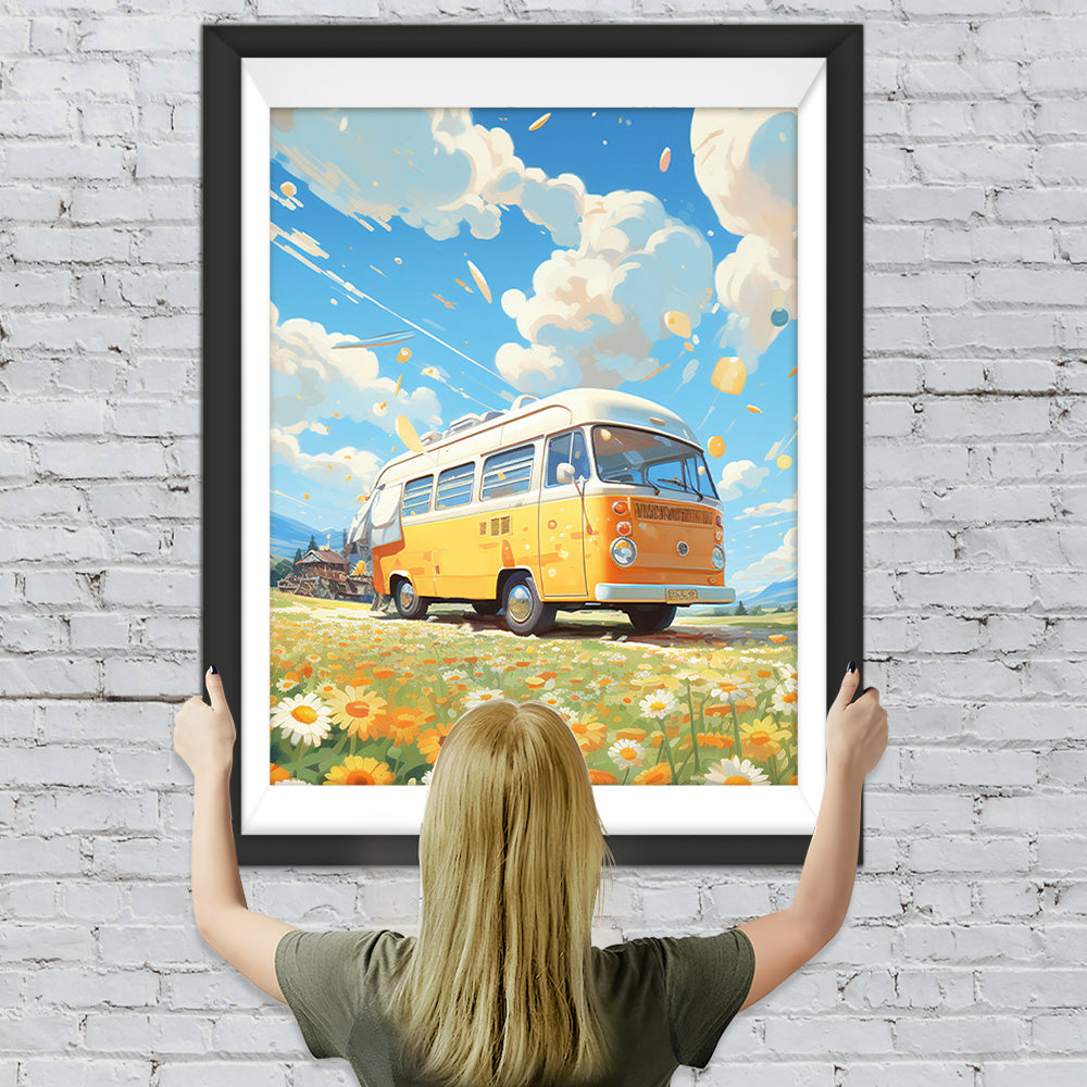 Gelber Bus in der Chrysantheme Wild Diamond Painting