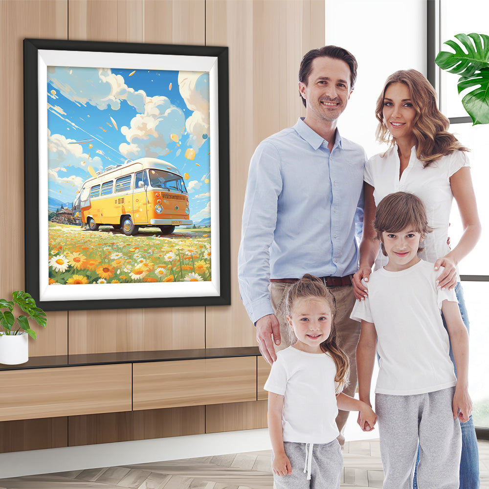 Gelber Bus in der Chrysantheme Wild Diamond Painting