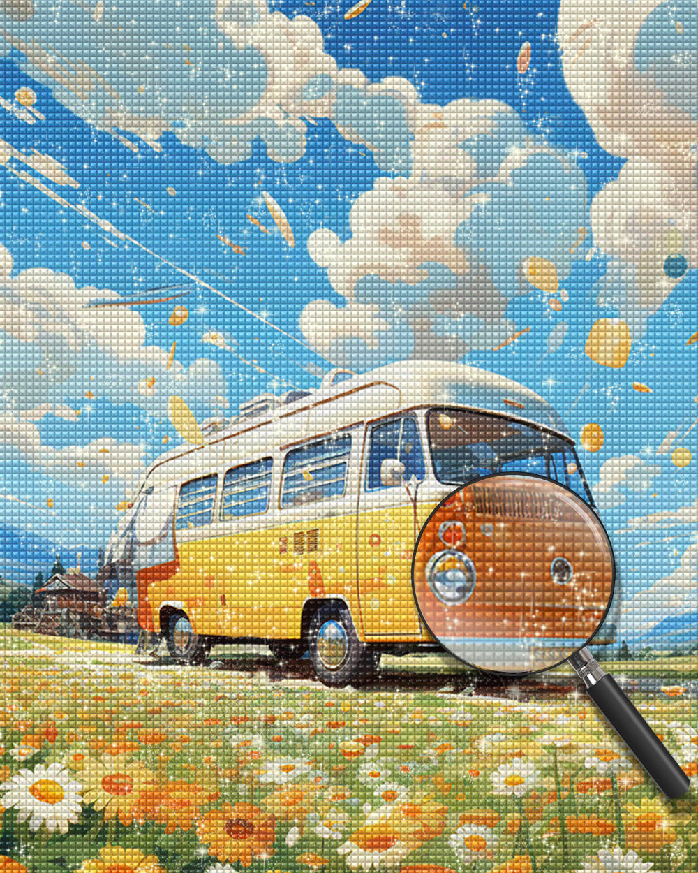 Gelber Bus in der Chrysantheme Wild Diamond Painting
