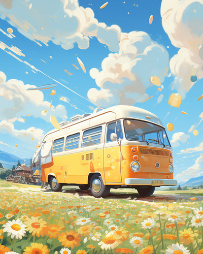 Gelber Bus in der Chrysantheme Wild Diamond Painting