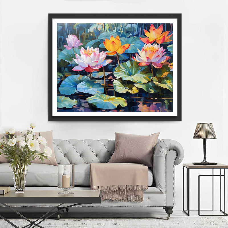 Gelber und rosa Lotus im Teich Diamond Painting