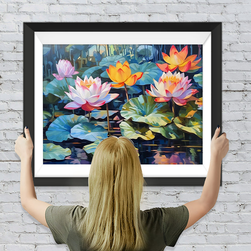 Gelber und rosa Lotus im Teich Diamond Painting