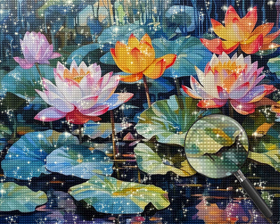 Gelber und rosa Lotus im Teich Diamond Painting