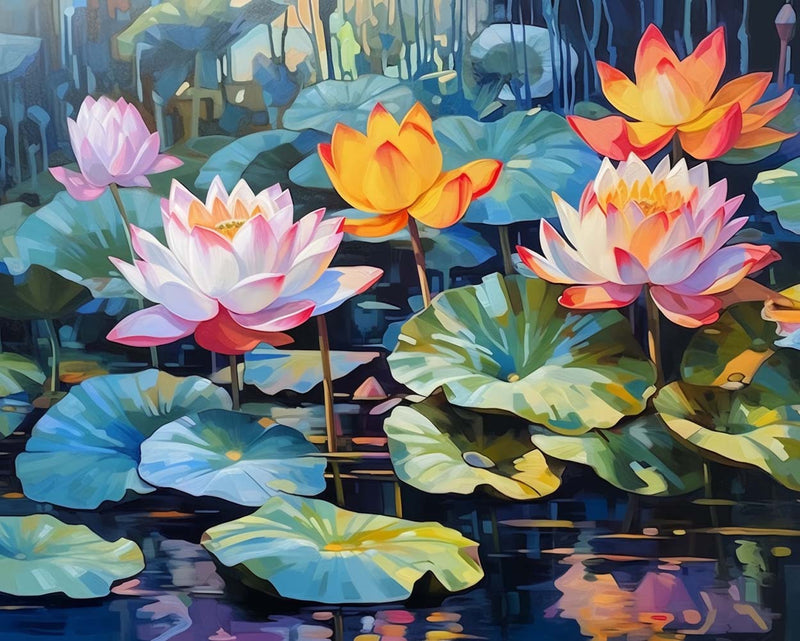 Gelber und rosa Lotus im Teich Diamond Painting