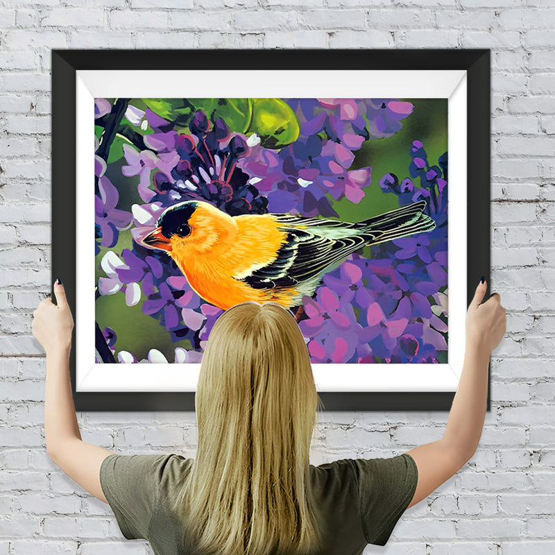 Gelber Vogel und lila Blumen Diamond Painting