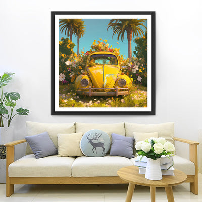 Gelbes Auto gefüllt mit Blumen Diamond Painting